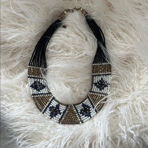Beaded Statement Necklace in Black, White, and Gold